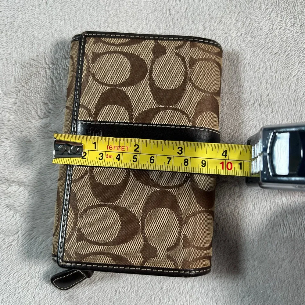 Coach Signature Jacquard Medium Wallet Brown Leather Trim Zip Pocket 5.5x4